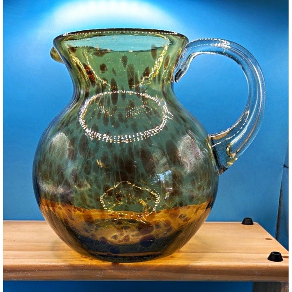 Vintage Handblown Green & Amber Art Glass Pitcher w/ Handle, Glossy decor
